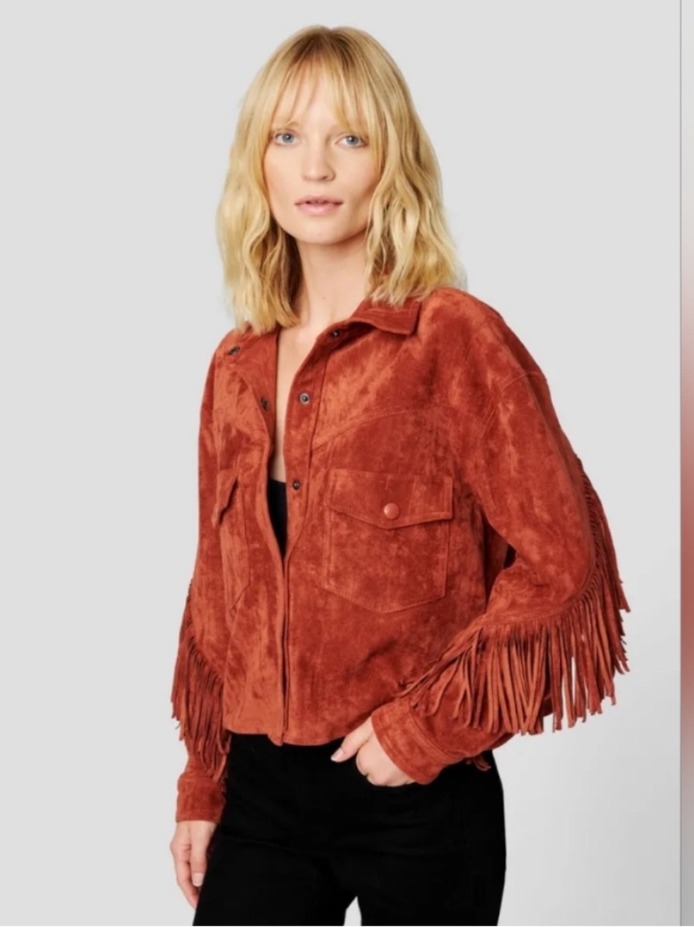 Blank NYC Faux Suede Fringe Shirt Jacket Rust Western Oversized Boxy Size Medium